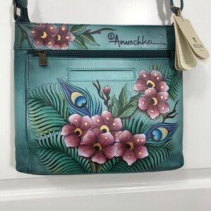 Anuschka Peacock Teal Pink Floral Shoulder Bag NWT